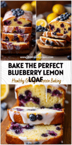 Sliced blueberry bread with golden crust and lemon glaze styled on a rustic board, a dreamy Blueberry Dessert scene.